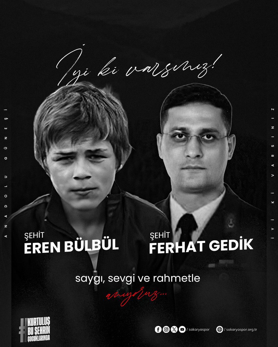 Sakaryaspor's tweet photo. 🇹🇷7 yıl önce bugün Trabzon’un Maçka ilçesinde hain saldırıda Şehit olan Eren Bülbül ve Jandarma Astsubay Kıdemli Başçavuş Ferhat Gedik’i saygı, sevgi ve rahmetle anıyoruz.

İyi ki varsınız! https://t.co/IHBikPSMns