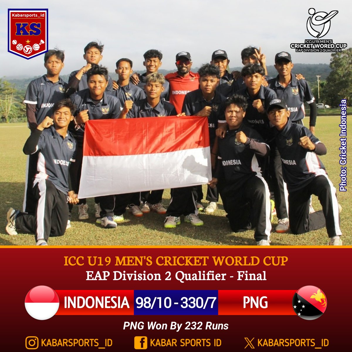 kabarsports_id's tweet photo. ICC U19 Men's Cricket World Cup - EAP Division 2 Qualifier

Indonesia harus puas menjadi runner-up setelah dikalahkan Papua New Guinea. Dengan demikian Indonesia gagal melaju ke EAP Division 1 Qualifier. NT

#ICCU19MensCricketWorldCup #EAPQualifier #Cricket #CricketIndonesia https://t.co/cdmqrkIneF