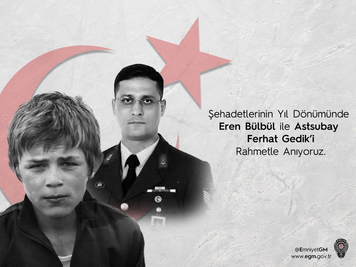 İYİ Kİ VARSIN EREN🇹🇷
İYİ Kİ VARSIN FERHAT GEDİK🇹🇷

Şehadetlerinin yıl dönümünde, kahraman şehitlerimiz Eren Bülbül ve Jandarma Astsubay Kıdemli Başçavuş Ferhat Gedik'i rahmet ve saygıyla anıyoruz.

Vatan size minnettar...

#ErenBülbül
#FerhatGedik