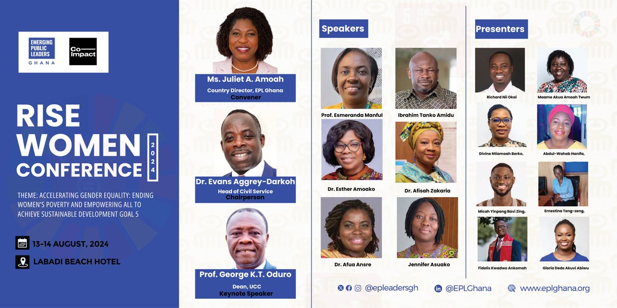 EPLeadersgh's tweet image. It's the Rise Women Conference 2024, in partnership with @coimpactcollab.

This two-day conference will contribute to the ongoing discussions about accelerating gender equality and empowering women to achieve #SustainableDevelopmentGoal 5.

Featuring distinguished speakers like