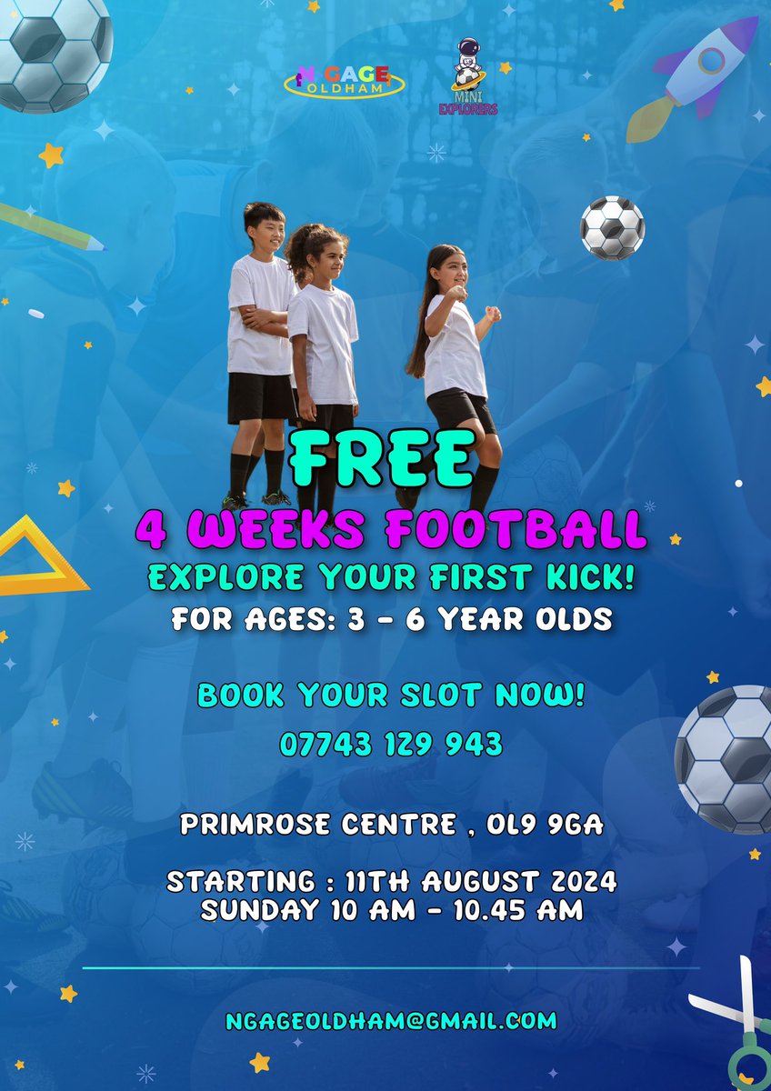 NGageOldham's tweet photo. Exciting new initiative with @MyGreatPlace @NXGN_Sports to deliver a FREE introductory to football for beginners sessions at The Primrose Centre ⚽️💥⚡️
#JustPlay #oldham #community https://t.co/BHR4ubQKTi