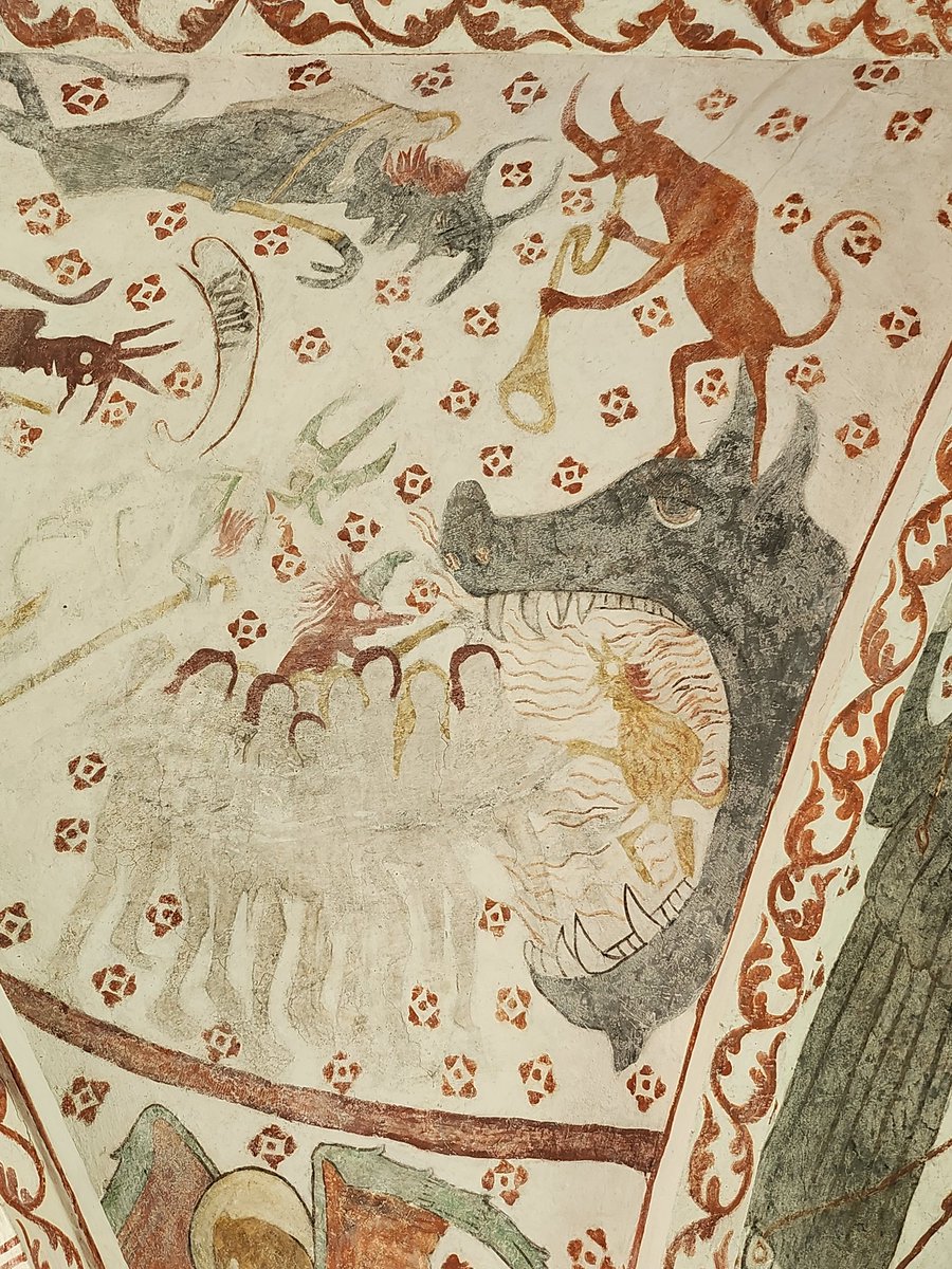 ThomasSmaberg's tweet photo. A beautiful hellmouth with many Devils herding the souls of the damned! 15th c wallpaintings from #Fulltofta church in Skåne, Sweden. https://t.co/Lg0zBbeXHS