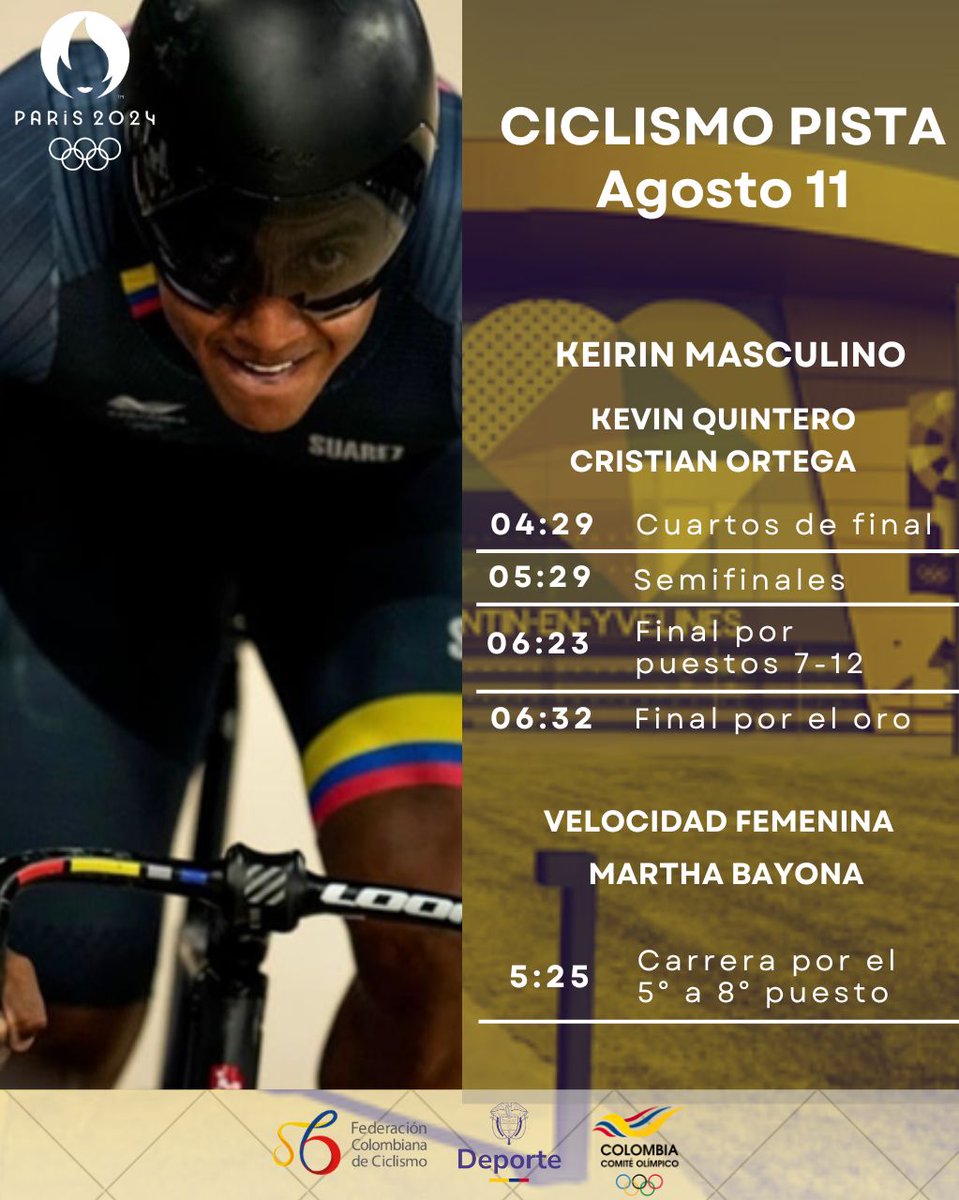 Programación Ciclismo de Pista 
Juegos Olímpicos #París2024
Velódromo Saint-Quentin-en-Yvelines
#Keirin Hombres
4:29AM
#Velocidad Damas
5:25AM
#ColombiaEnParis2024 
<a href="/C0PACI/">🔴COPACI</a>