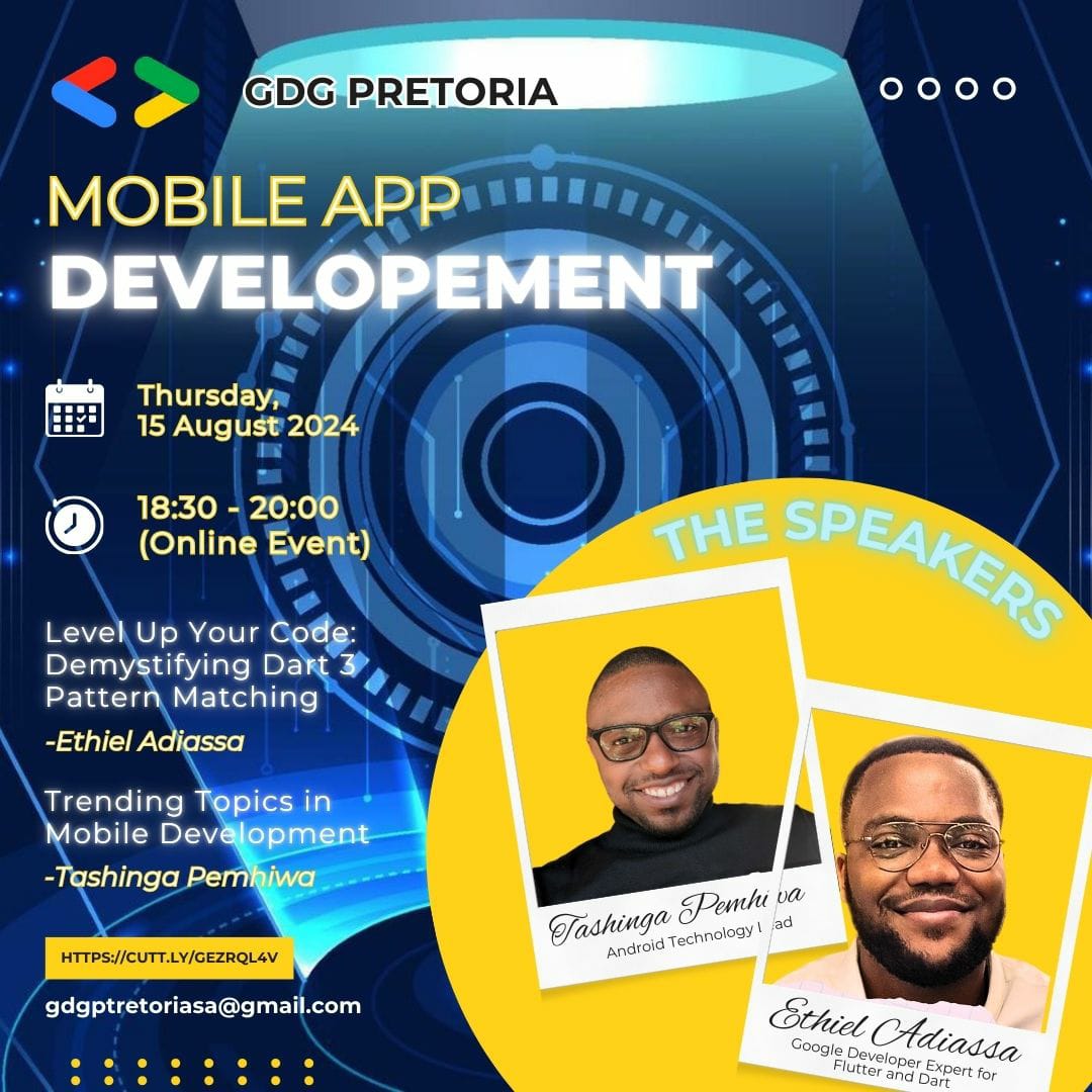 GdgPretoria's tweet photo. Mobile app development. That's what we will be talking about this week. It's an online event. Visit https://t.co/KiHFCevjmF to register. #MAD #MobileAppDevelopment #android #iOS #GDGPretoria
See you there https://t.co/AU8BH3in6v