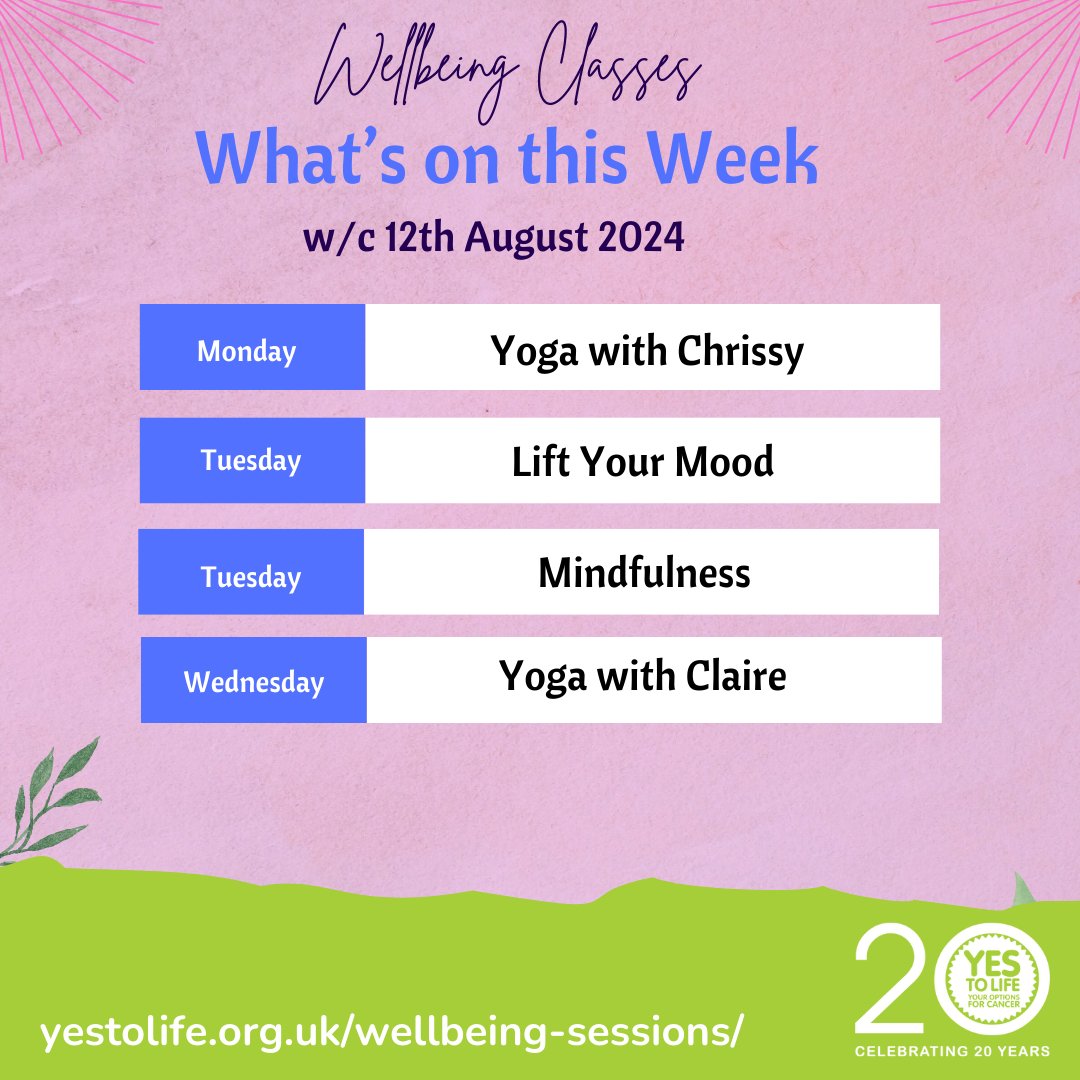 yestolife's tweet image. WHAT'S ON THIS WEEK w/c 12th Aug
#WellbeingSessions

We have some great #WellbeingClasses and they are all online &amp;amp; are free to join, but if you are able to make a small donation, then that will help us to keep these classes free for everyone.

yestolife.org.uk/wellbeing-sess…
