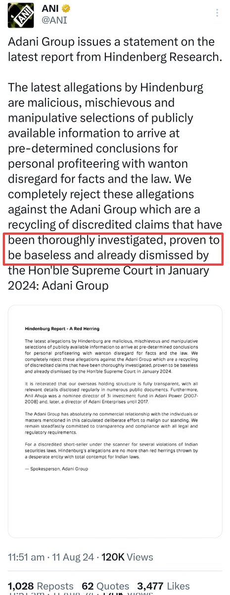 zoo_bear's tweet photo. Adani says "thoroughly investigated, proven to be baseless". By who SEBI? OK https://t.co/lQFQ0F40f4