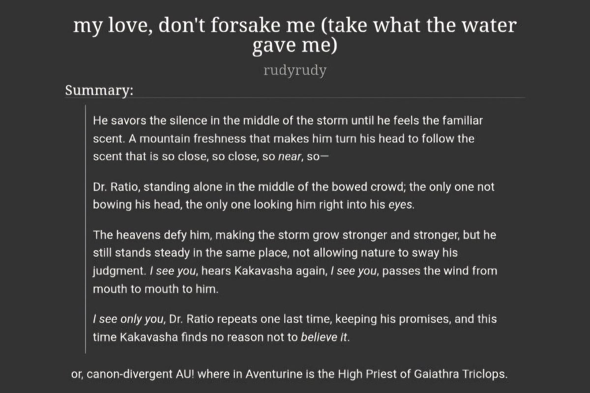#ratiorine fic 🗿🦚
"my love, don't forsake me (take what the water gave me)" by rudyrudy
t-rated / on-going

> for ratiorine summer exchange event!
> soulmate au, omegaverse, strangers to lovers
> high priest aventurine and researcher dr. ratio <3

archiveofourown.org/works/58043029…