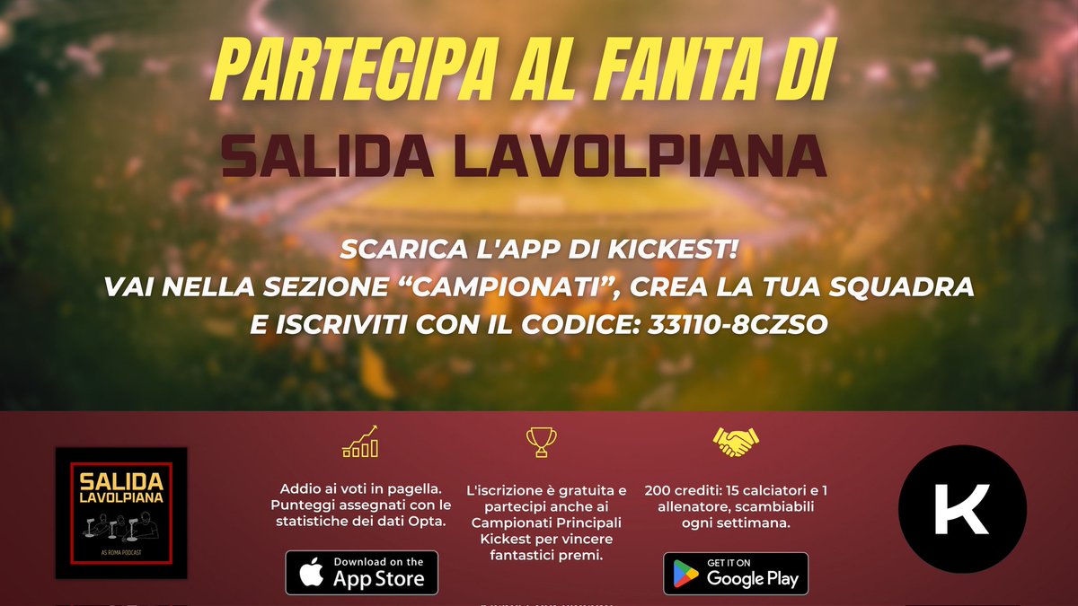 salida_pod's tweet photo. 🪄 𝗟𝗲𝗴𝗮 𝗟𝗮𝘃𝗼𝗹𝗽𝗶𝗮𝗻𝗮 ed.2 📊

🗳 L'inizio della Serie A si avvicina. Partecipa al #fantacalcio del podcast!

- Scarica l'app @Kickest_it o vai su https://t.co/E69BIGTwhe
- Accedi alla sezione "Campionato"
- Crea la tua squadra
- Unisciti con il Codice 33110-8CZSO o cerca "Lega Lavolpiana".

Buon divertimento! 🚩