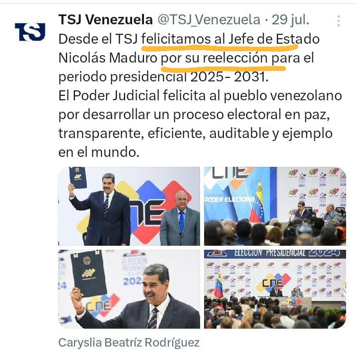 Cualquier juez q fija posición adelantada x una de las partes incurre en causal de recusación.
Un día después del 28J el TSJ se pronunció a favor de Maduro sin q el CNE publicara los resultados. En consecuencia, está parcializado y no tiene cualidad para emitir un fallo imparcial