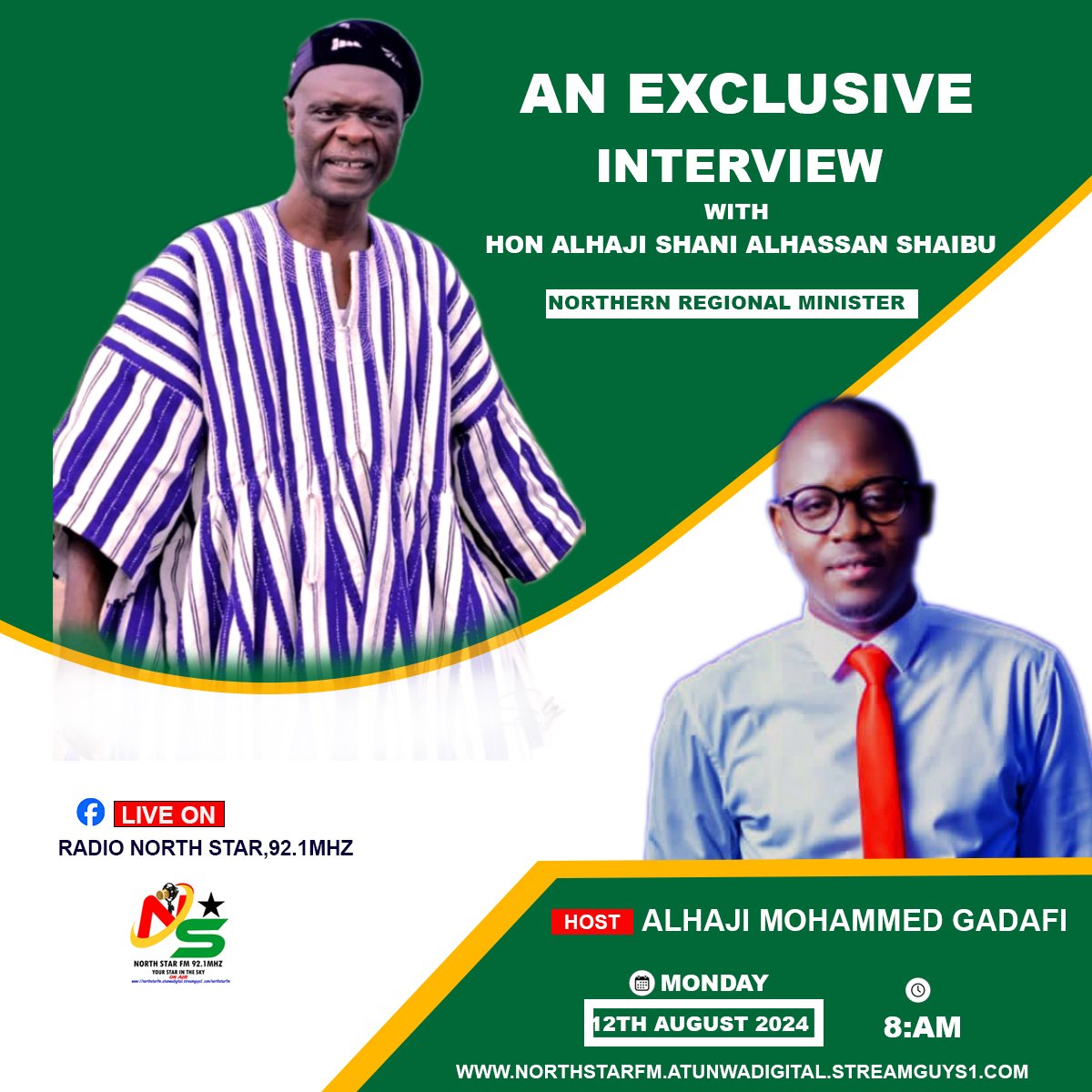 DeBompa's tweet photo. In our studio's tomorrow we will be hosting the Northern regional minister Alhaji Shani Alhassan Shaibu on North Star radio super morning show join us on our Facebook page radio North Star 92.1mhz don't miss it @NAkufoAddo @MBawumia @tv3_ghana https://t.co/lqQChkHYxg