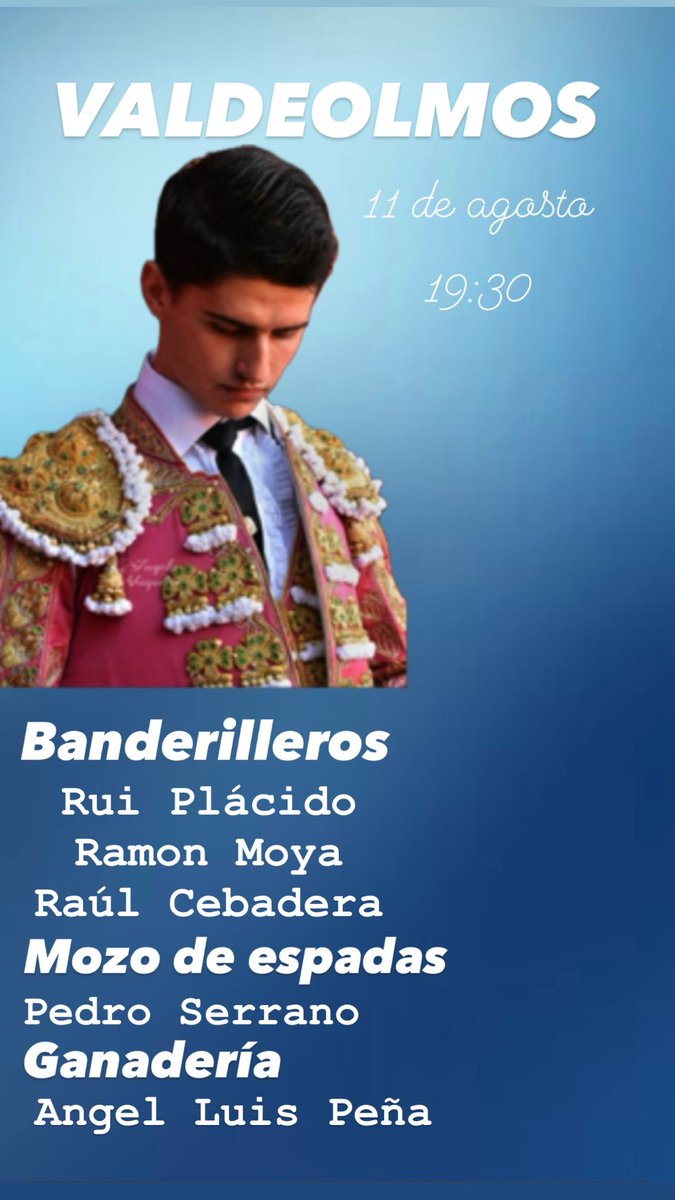 InfoAlexVelasco's tweet photo. Hoy toreamos en Valdeolmos (Madrid)
🕛 19:30
🐂 Ángel Luis Peña 
#SeguimosEnLaLucha 🍀💪🏻 https://t.co/TWbhLtu7CM