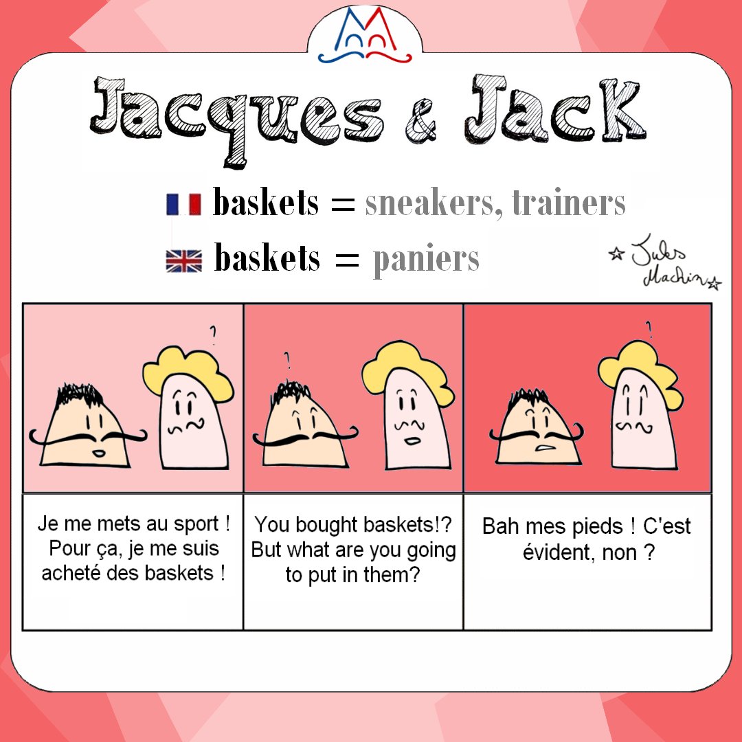 Les_Machin's tweet image. 🤭 Attention, en français "baskets" = chaussures de sport 👟👟
En anglais, "baskets" = 🧺🧺🧺
😁😁😁
#fauxamis #falsefriends
#jackandjacques
#learnfrench #ClasseFLE
#JacquesAndJack 
#funnylinguistics