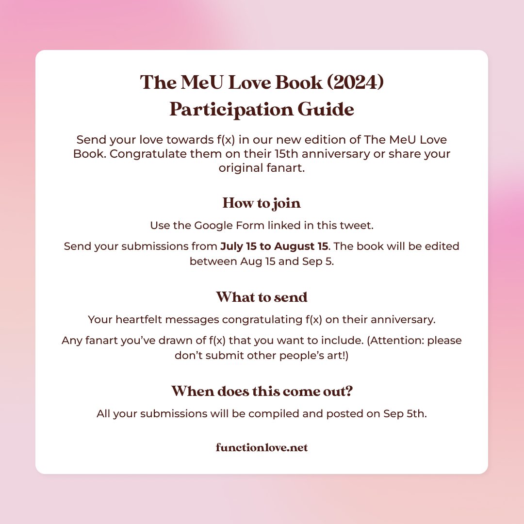 Just a few days left!

Send your loving messages to f(x) and we'll put them in a book to celebrate their 15th anniversary ♥

Submit here: forms.gle/6JtpE55rn7r72M…

Deadline: Aug 15