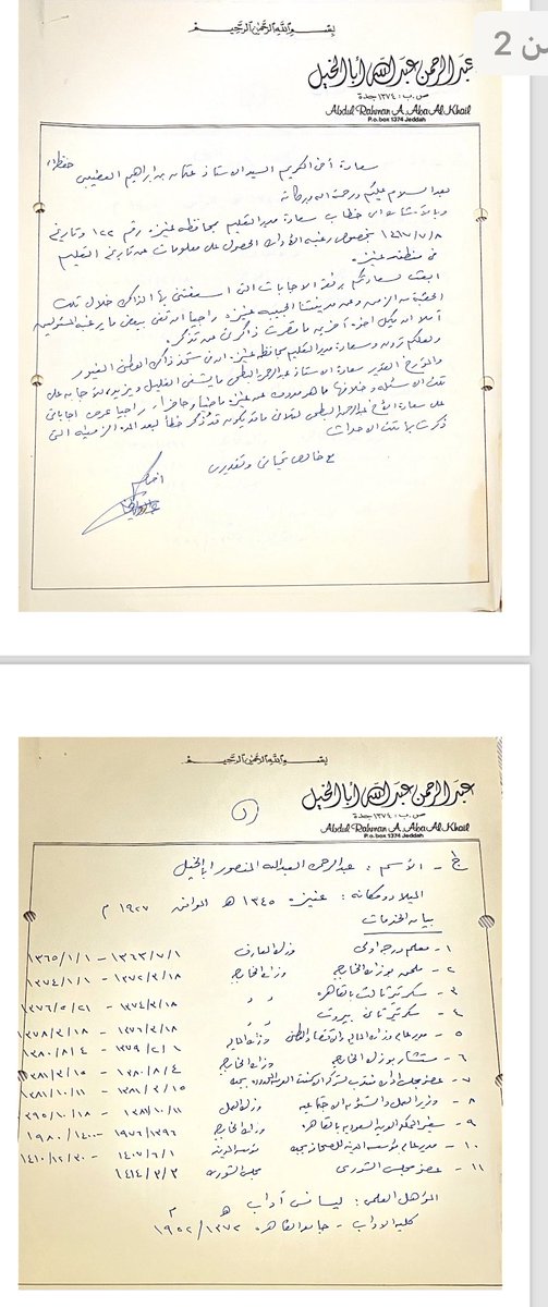AlOdhibii's tweet photo. ((رجال التعليم  9️⃣ ))
تشرفت بإعداد المادة العلمية لموسوعة التعليم في #عنيزة بمناسبة المئوية عام 1419 هـ وإعداد لقاءات مع شخصيات التعليم منذ عام 1417هـ 
🔺🔺واليوم يسرنا لقاء وتقديم حلقة عن
معالي وزير العمل والشؤون الاجتماعية الاستاذ/عبد الرحمن بن عبدالله منصور أبا الخيل(رحمه الله ووالدينا والمسلمين )
المولود في عنيزة عام 1345– 1927 م 
🔺وكانت أولى الحلقات التي ت�� اصدارها بمنصة X تويتر
1/مع الفريق أول/حمد الشميمري
2/معالي الدكتور/عبدالعزيز الخويطر 
3/الفريق أول/حمد العوهلي
4/ الأساتذة /عبدالرحمن العليان 
5/عبدالرحمن البطحي
6/عبدالله اليحيى
7/عبد العزيز الذكير
8/ الدكتور/صالح بن محمد العقلا
🔺🔺الاسم /عبد الرحمن بن عبدالله منصور أبا الخيل 
مكان وتاريخ الميلاد عنيزة 
عام 1345 —1927 م 
🔺🔺الحياة الدراسية
دراسة المرحلة الابتدائية بالمدارس الخاصة في مدينة عنيزة أو ما يسمى في ذلك الوقت المطوع ((الكتاتيب))
وكان من أبرزها مدرسة ابن صالح لأصحابها/ صالح وعبد المحسن الناصر بن صالح
ويوجد أيضا مدرسة ضعيف الله لصاحبها الشيخ/عبد العزيز الدامغ
وكذلك مدرسة الشيخ /علي الشحيتان (رحمهم الله)
وبعد ترك ضيفنا التدريس في عنيزة سافر إلى #مكة ثم #مصر 🇪🇬 لاستكمال دراسته في ليسانس الآداب من كلية الآداب جامعة #القاهرة عام 1372/195
🔺((الحياة العملية))
عمل ضيفنا في العديد من الاعمال وتقلد الكثير من المناصب والمهام ومنها 
1/معلم درجة أولى في وزارة المعارف منذ عام 1363– 1365 هـ 
**ملحق بوزارة الخارجية منذ عام 1372– 1374 هـ
**سكرتير ثالث في السفارة #السعودية 🇸🇦بالقاهرة منذ عام 1374– 1376 هـ
**سكرتير ثاني في #بيروت #لبنان منذ عام 1376– 1378 هـ
**مدير عام وزارة المالية والاقتصاد الوطني منذ عام 1379– 1380هـ
**مستشار في وزارة الخارجية منذ عام 1380– 1381هـ
**عضو مجلس إدارة منتدب بشركة الأسمنت العربية المحدودة في #جدة عام 1381
**وزير العمل والشؤون الاجتماعية منذ عام 1381– 1395هـ
**سفير المملكة العربية السعودية في القاهرة منذ عام( 1396— 1976 )
حتى عام 1980 
**مدير عام مؤسسة المدينة للصحافة في جدة منذ عام 1407–1410 هـ
**عضو مجلس الشورة عام 1400هـ
🔺🔺التعليم 
كانت مدرسة ابن صالح من أبرز المدارس لأنها تعلم إلى ج��نب القرآن الكريم مواد الخط والحساب والإملاء وماسك الدفاتر ودروس في اللغة العربية والأدب
*أما رسوم الدراسة فكانت ريال فرنسي شهريا
🔺🔺وكانت النظرة للمدرسة ذلك الوقت تختلف بين مدينة وأخرى في منطقة #القصيم إلا أن مدينة عنيزة كانت وقبل المدرسة الحكومية يوجد بها عدد لا بأس به من المدارس الأهلية 
🔺لذلك فإن إقبال الناس على تلك المدارس ��غم قلة عدد السكان في عنيزة كان جيدا
وقد بادر أغلب أولياء الأمور إلى إلحاق أبنائهم بالمدرسة الحكومية عند افتتاحها عام 1356هـ
وهناك بعض الآباء والأمهات اعتقدوا أن المدرسة الحكومية يُقصد بها إلحاق أبنائهم بالعسكرية بعد تعليمهم مما أثار مخاوفهم وعدم تقبلهم لدخولهم مدرسة الحكومة ذلك الوقت وفضلوا البقاء مع المدارس الأهلية فترة ليست الطويلة حتى اطمئنوا على مقاصد تلك المدارس فأصبح الإقبال على دخول المدارس الحكومية شديدا
🔺مدرسة الأساتذة الإبن صالح
كانت متميزة على المدارس الأخرى الأهلية بأنها تُدرس إلى جانب تدريس القرآن الكريم والتجويد وغيرها كثيرا من الأدب و��لشعر وترغيب الطلاب على قراءة الكتب الأدبية والتاريخية والمجلات العلمية والأدبية التي يستقدمها من #الكويت و #البحرين و #مكة
لاذكاء روح المنافسة والمسابقات بين الطلاب لحفظ الأشعار والمقطوعات الأدبية الراقية
🔺كما يوجد نوع من الألفة والمحبة بين الأساتذة والطلاب وأخذهم في رحلات برية خارج مدينة #عنيزة ��صوصا أيام الأمطار والربيع
🔺🔺وقد تأسست أول مدرسة حكومية عام 1356 وأختير لإدارتها المرحوم الأستاذ/  صالح بن ناصر بن صالح 
أما الأساتذة فيذكر ضيفنا منهم
الشيخ سليمان الشبل 
والأستاذة /حمد الشريف
و عبد الرحمن العليان
و محمد الخليفي 
ومحمد العمري 
وعبدالله اليحيى 
و عبد الرحمن أبا الخيل
ويذكر ضيفنا أن بعض الأساتذة والطلاب يحرصون على الجلوس والذهاب إلى حلقة الشيخ / عبد الرحمن الناصر السعدي أثناء تدريسه في المسجد الجامع بعنيزة
🔺ويوصي معالي الاستاذ عبدالرحمن أبا الخيل 
بالاستفاده من  أستاذنا وأديب  عنيزة المرحوم الوطني الغيور والمؤثر /الأستاذ عبد الرحمن بن إبراهيم البطحي
 الذي لديه ما يشفي الغليل عن التعليم والتاريخ وسيجد الباحث  الإجابة على مايتعلق بتاريخ التعليم وتاريخ عنيزة بشكل عام ماضي وحاضرا
🔺وقد توفي ضيفنا معالي الوزير/
عبد الرحمن بن عبدالله أبا الخيل عام 1442 هـ 2021 
بعد خدمته الجليلة  لدينه ثم الملك والوطن أفضل خدمة وفي كافة المجالات الإدارية
رحمه الله ووالديه ووالدينا وجميع المسلمين 🤲