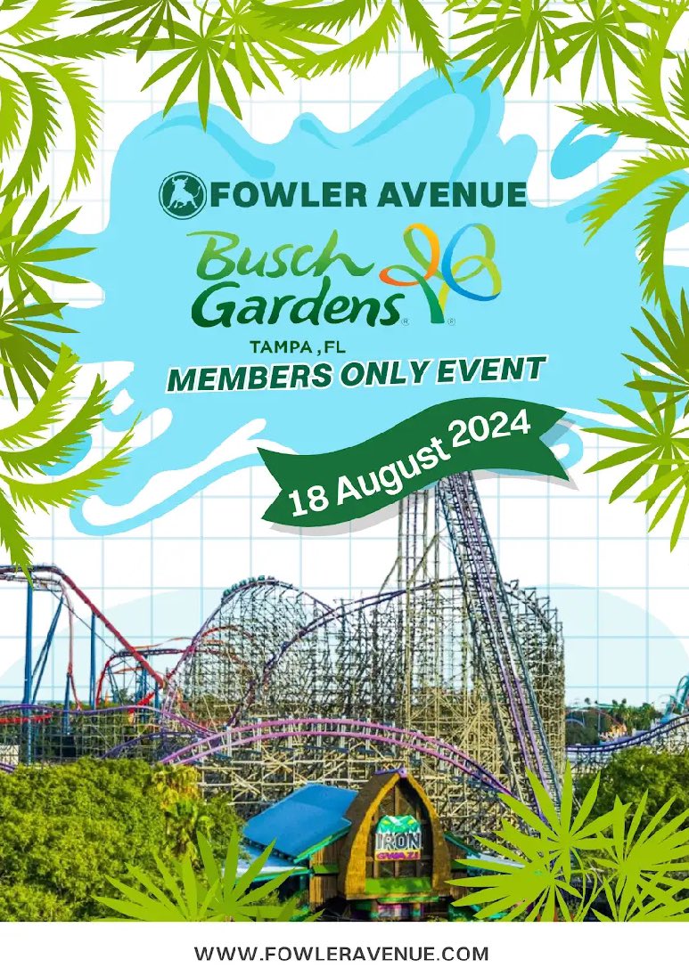 Get ready for an exclusive adventure! <a href="/FowlerAvenue/">Fowler Ave Collective🤘</a> members join us at a members-only event <a href="/buschgardens/">Busch Gardens Tampa Bay</a> on August 18! Members enjoy a complimentary ticket and the incredible opportunity to meet USF athletes in person!

Save the date and join us for a day of fun and excitement