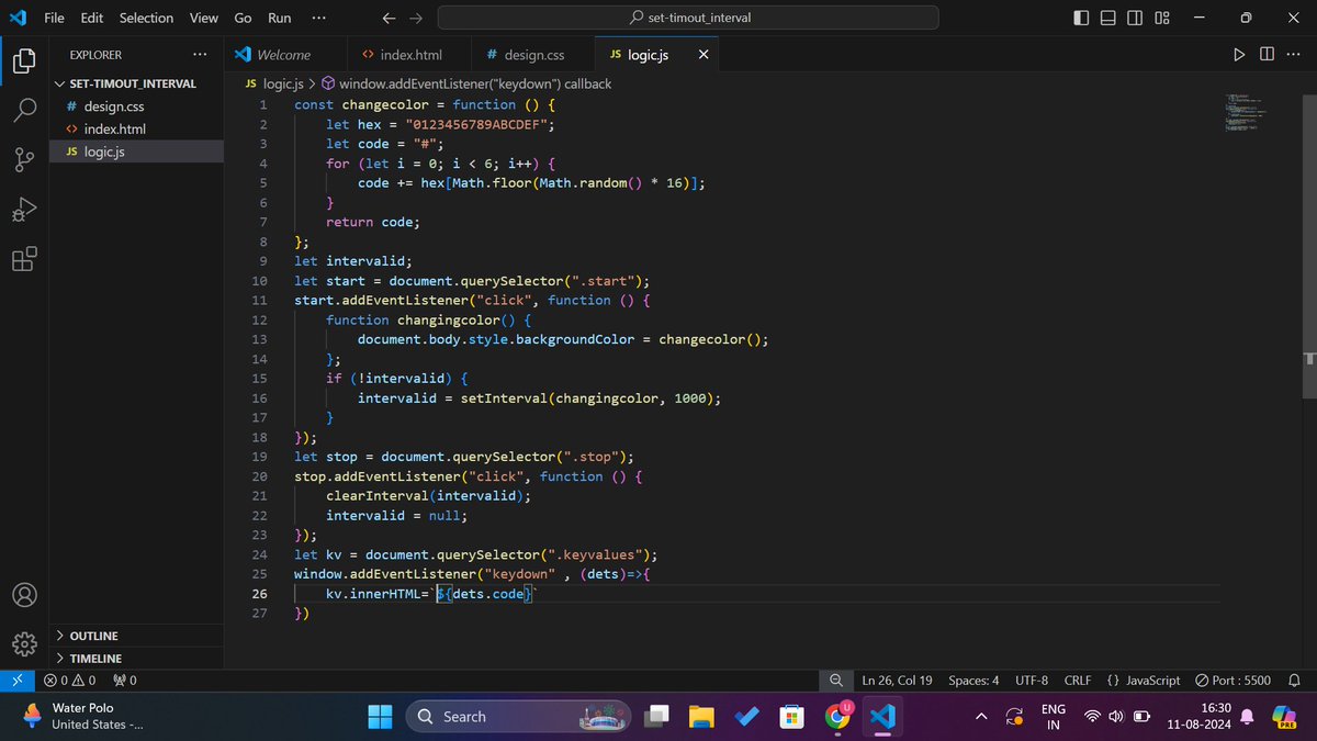 utsav_s1ngh's tweet image. 🚀 Day 18 of my #WebDevChallenge! Created two mini projects today. First: buttons that start/stop a random background color change every second. Second: a display box that shows and identifies any key pressed on the keyboard. Enjoying these creative challenges! 💻✨ #JavaScript