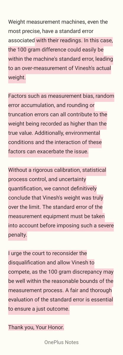 BABAJKC007's tweet photo. @PTUshaOfficial 
@Abhinav_Bindra 
@harishsalvee 
@Phogat_Vinesh 
@BajrangPunia 
Even the most precise machine, have a  error associated with their readings. 100 gm difference could easily be within the machine's standard error, leading to an over-measurement of Vinesh's actual wt https://t.co/I0KtQ7pSYH