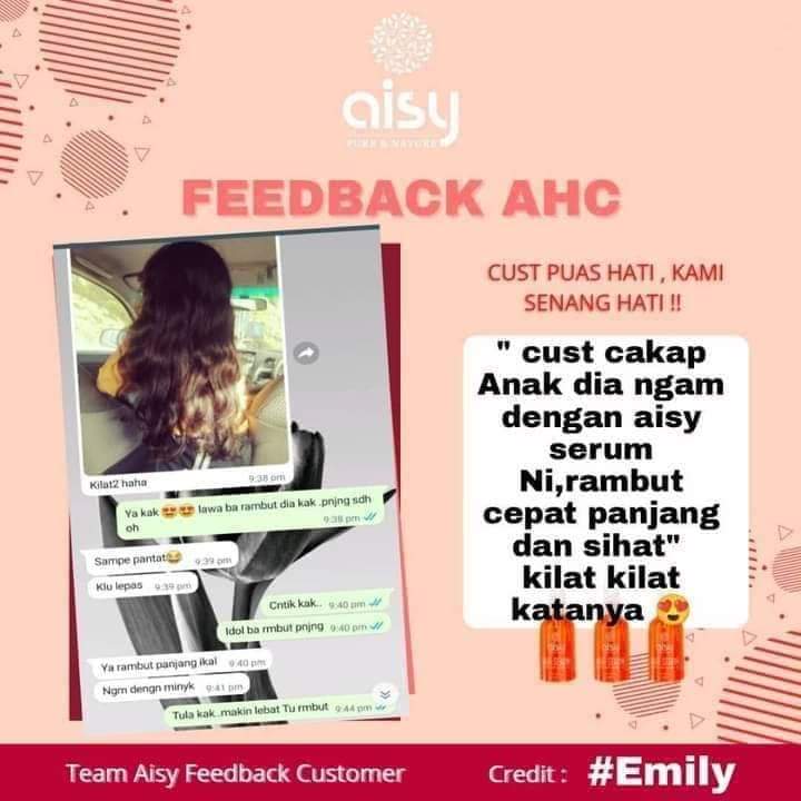 Ada masalah rambut gugur ? 
Dah cuba rawat dengan Serum Aisy ? 
Tekstur tidak melekit dan cepat kering di rambut . Ya la siapa suka kan pakai jenis yg berminyak . 
Dengan isian 65ml dan sangat mampu dimiliki oleh sesiapa sahaja .  Anda akan dapat rambut yang sihat dan cantik .
