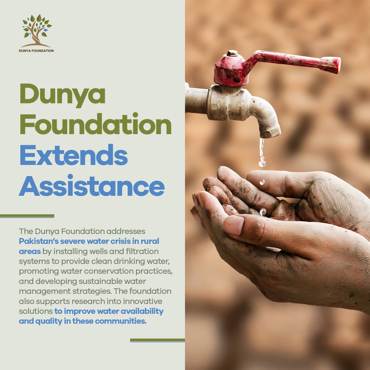 DunyaFoundation's tweet photo. Dunya Foundation combats Pakistan's water crisis by installing wells and filtration systems, promoting conservation, and developing sustainable water management in rural areas.
#PakistanWaterCrisis #CleanWater #WaterStress #DunyaFoundation https://t.co/XD22QsMNEh