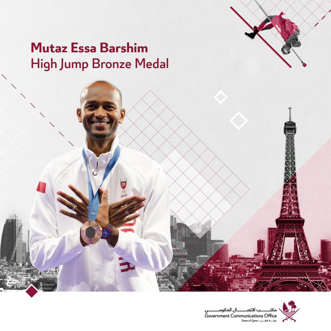 GulfTimes_QATAR's tweet photo. The State of #Qatar's #MutazBarshim has secured the High Jump #Bronze_Medal at the 2024 Paris Olympics, making history as the first high jump athlete to win medals across four consecutive summer #Olympic_Games.@GCOQatar
#TeamQatar https://t.co/iIXIwexgz7