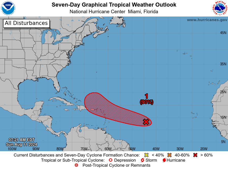 8 am EDT: A low pressure area about 1000 miles east of the Lesser Antilles is expected to become a tropical depression over the next couple of days.  Interests in the Leeward Islands should monitor its progress as watches or warnings could be required as soon as later today.