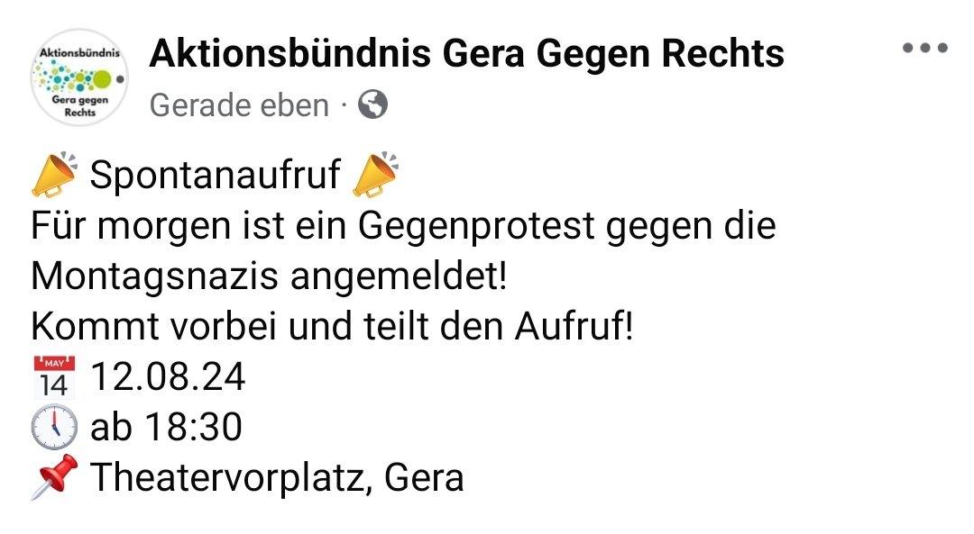 gera_nazifrei's tweet photo. 📣 Spontanaufruf 📣
Für morgen ist ein Gegenprotest gegen die Montagsnazis angemeldet!
Kommt vorbei und teilt den Aufruf!
📅 12.08.24
🕔 ab 18:30
📌 Theatervorplatz, #Gera https://t.co/peuiDi6004