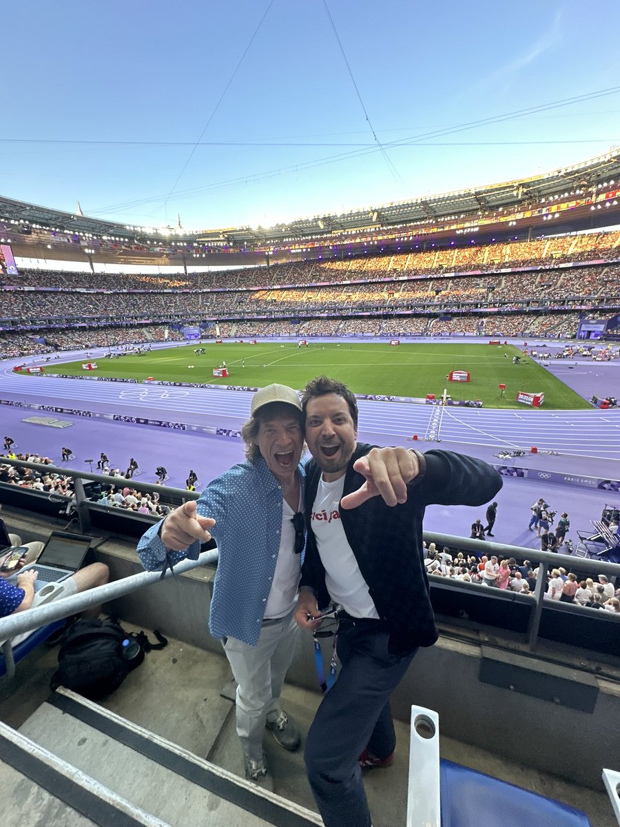 MickJagger's tweet image. What a great Olympic Games! At the track and field with Leon Marchand and @jimmyfallon