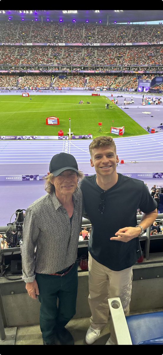 MickJagger's tweet image. What a great Olympic Games! At the track and field with Leon Marchand and @jimmyfallon