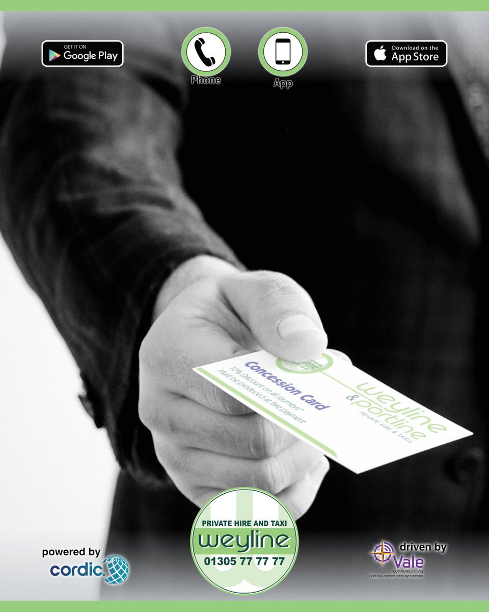 We offer concession cards to regular suppliers of work - such as pubs, clubs and restaurants - so that their staff can enjoy a discount. Find out more: 01305 77 77 77