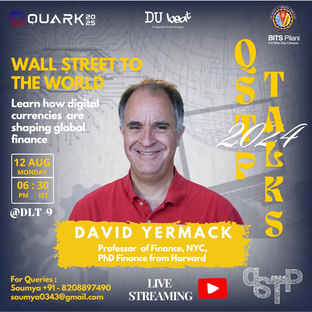 Thrilled to announce that Professor David Yermack will be speaking at QSTP Talks 2024! Join us as he delves into how digital currencies are transforming global finance. Whether you’re on campus or tuning in online, this is a session you won’t want to miss.
#Quark #BITS #Finance