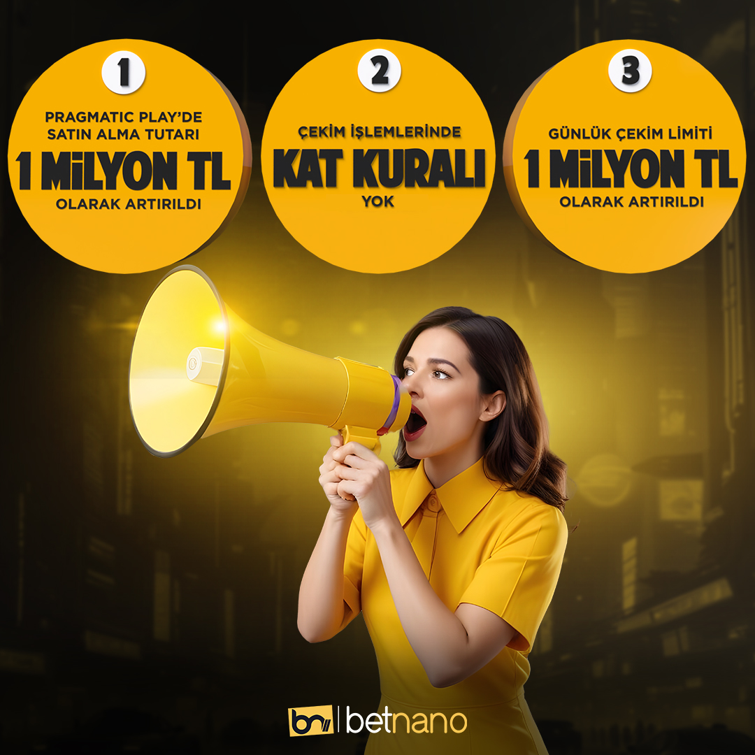 BETNANO YENİLİKLER DÜNYASI

🤝 Sektöre öncülük etmeye devam eden #BETNANO'dan kapsamlı yenilikler...

👑 Pragmatic Play slot oyunlarında 1 MİLYON TL'ye kadar satın alım yapabilirsiniz. 

💰 Çekim işlemlerinde artık KAT KURALI YOK.

💰 Günlük çekim limitini 1 MİLYON TL'ye