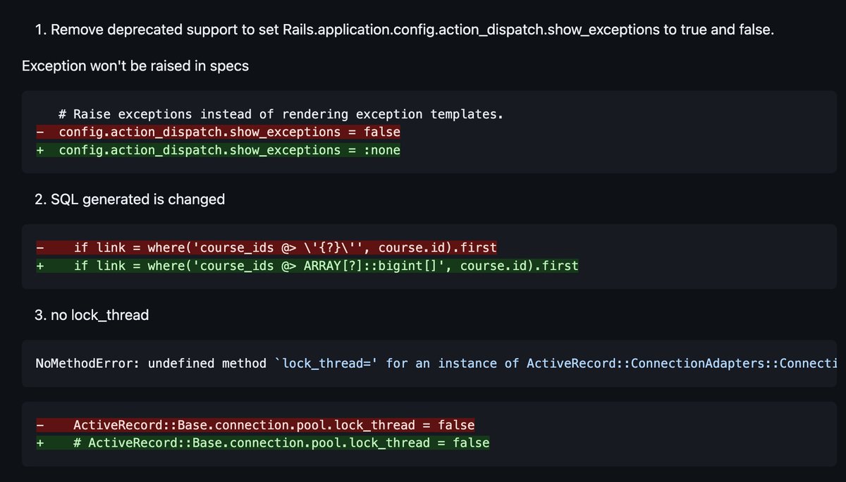 alazycoder2's tweet image. With several Apps set for upgrade to Rails 7.2, I prioritized the one with the highest test coverage. Encountered a few missing components, but overall, the fixes required are manageable. #RailsUpgrade #AppDevelopment #SoftwareEngineering