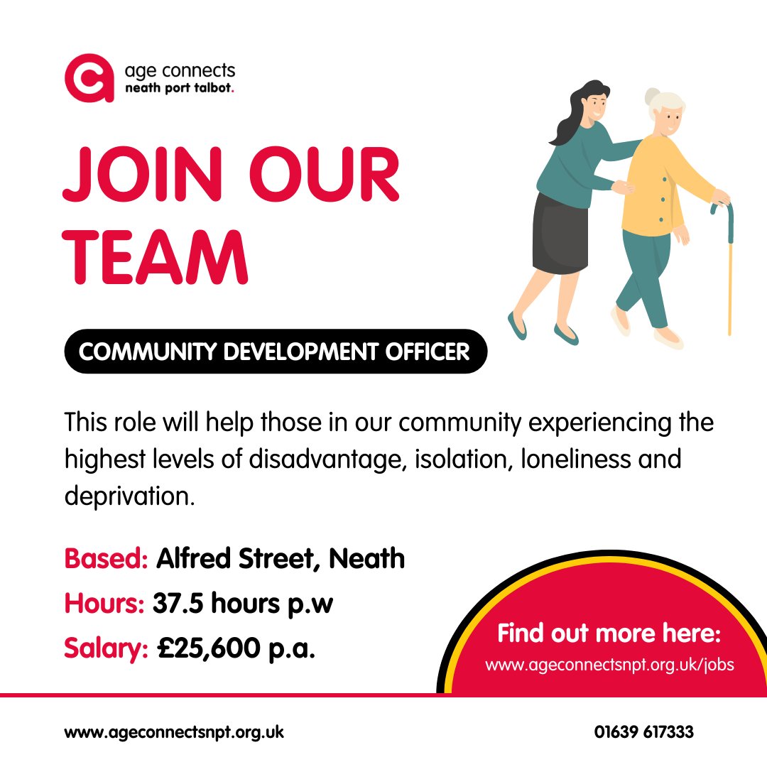 🌟 JOB VACANCY 🌟 Community Development Officer (Community Outreach Service)

📍Alfred Street, Neath
⌛37.5 hours p/w
💰£25,600 p/a

For more information about the role and how to apply: ageconnectsnpt.org.uk/gns-community-…
