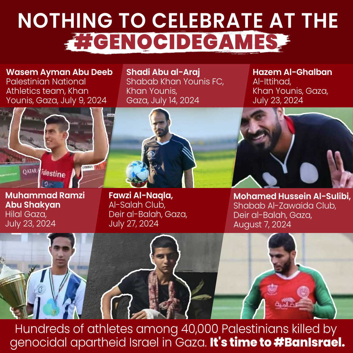PACBI's tweet photo. #Paris2024 #GenocideGames are nothing to celebrate.

Today, during the #ClosingCeremony, keep the focus on Israel’s #GazaGenocide and the @Olympics' shameful complicity.

Join 1M calling to #BanIsrael from sports!

This means you too, @FIFAcom!

https://t.co/xupYM8HHA8 https://t.co/hW4AKhULUj