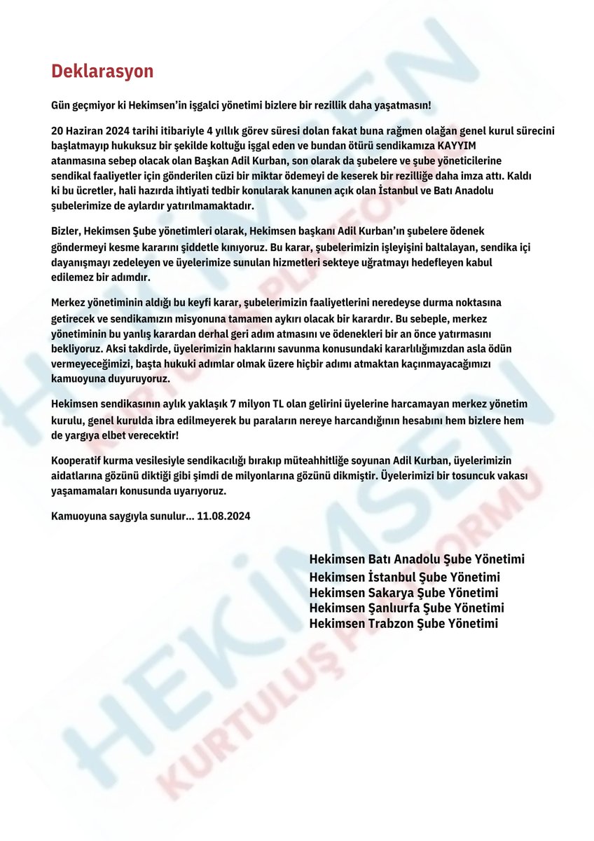 YETER ARTIK!!! 

📍Bu deklarasyon, Hekimsen sendikasının şube yönetimleri tarafından, merkez yönetiminin almış olduğu bazı kararların ve uygulamaların şiddetle kınandığı bir bildiridir. Özellikle, sendika başkanı Adil Kurban'ın hukuksuz şekilde görev süresini uzatması, şubelere