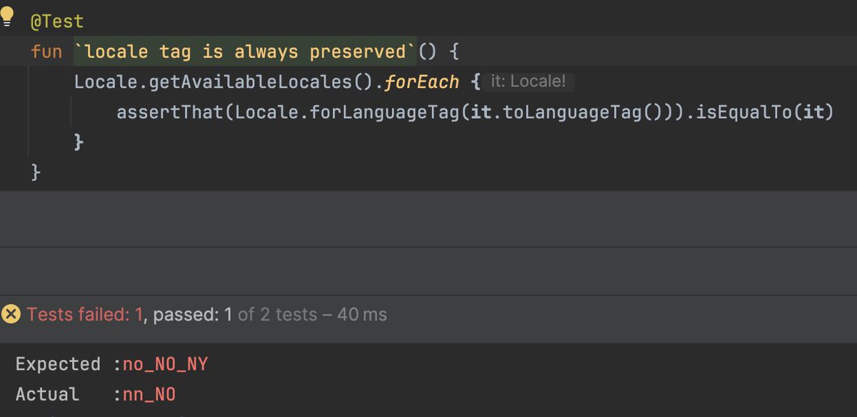 There is 1017 available locales in my JDK version (17), there is one single locale that can't be serialized and deserialized based on its language tag:

no_NO_NY , anyone knows why? #java #locale