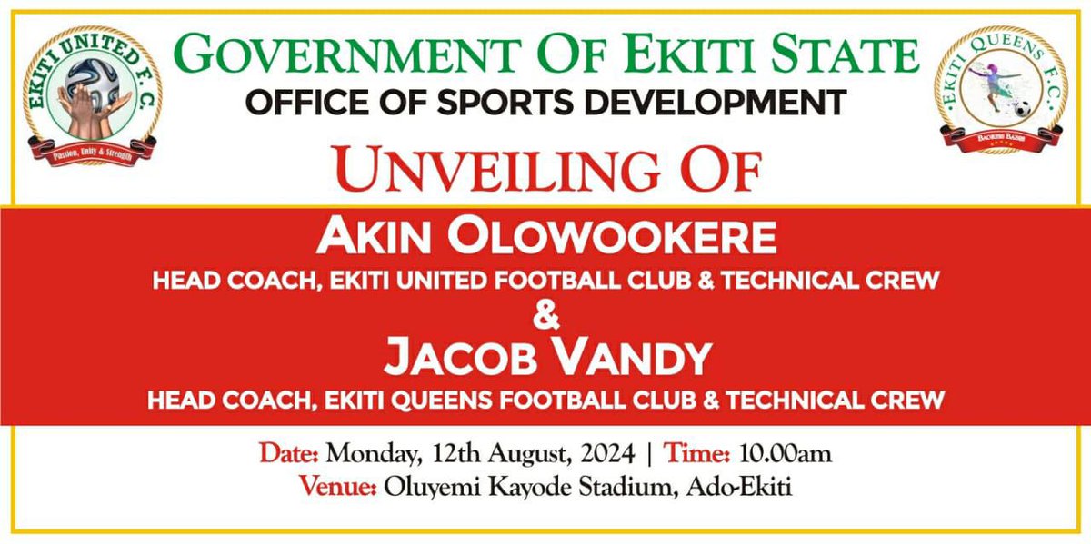 Dear United Fans 

We invite you officially to our new head coach unveiling. 

Date: Monday 12th August, 2024
🏟️: Oluyemi Kayode Stadium, Ado Ekiti
⏰: 10am prompt

Cc: <a href="/Osetobasola/">Dr Osetoba Olusola</a>