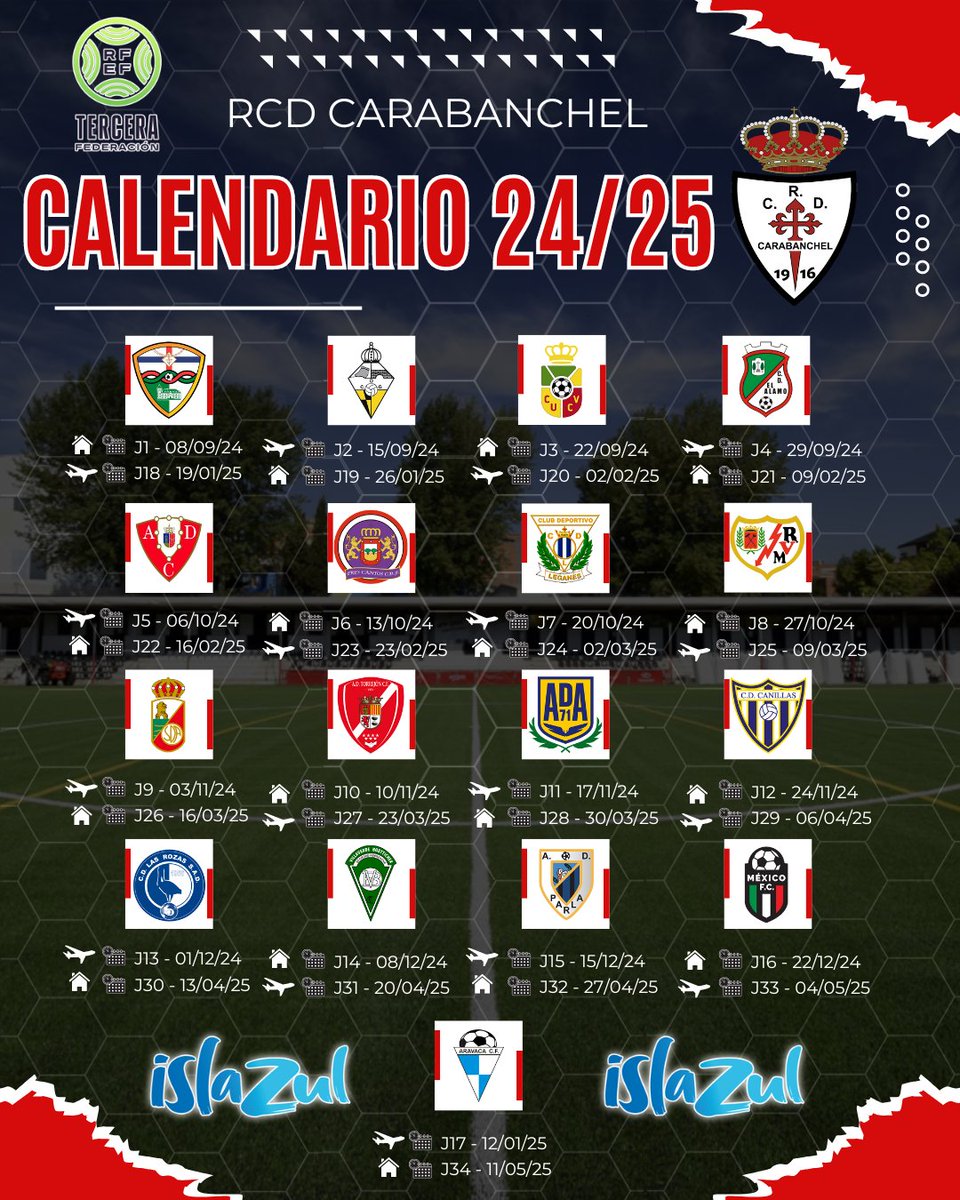 Real Club Deportivo Carabanchel (@rcdcarabanchel) on Twitter photo ๐๏ธ๐๐๐๐๐๐๐๐๐๐ ๐ยฐ๐๐
๐๐
๐๐/๐๐๐๏ธ
Ya ha salido el calendario de 3ยฐRFEF para la temporada 24/25โผ๏ธ
Con el AD Parla ocupando la plaza del Ursaria, por fin sabemos los cruces
Empezaremos la liga en ๐ ๐ <a href="/trivalvalderas/">C.F TrivalValderas Alcorcรณn</a> y la acabaremos tambiรฉn en ๐ ๐ <a href="/AravacaCF_/">Aravaca C.F.</a>
๐ค๐ค ๐๏ธ๐๐๐๐๐๐๐๐๐๐ ๐ยฐ๐๐
๐๐
๐๐/๐๐๐๏ธ
Ya ha salido el calendario de 3ยฐRFEF para la temporada 24/25โผ๏ธ
Con el AD Parla ocupando la plaza del Ursaria, por fin sabemos los cruces
Empezaremos la liga en ๐ ๐ <a href="/trivalvalderas/">C.F TrivalValderas Alcorcรณn</a> y la acabaremos tambiรฉn en ๐ ๐ <a href="/AravacaCF_/">Aravaca C.F.</a>
๐ค๐ค