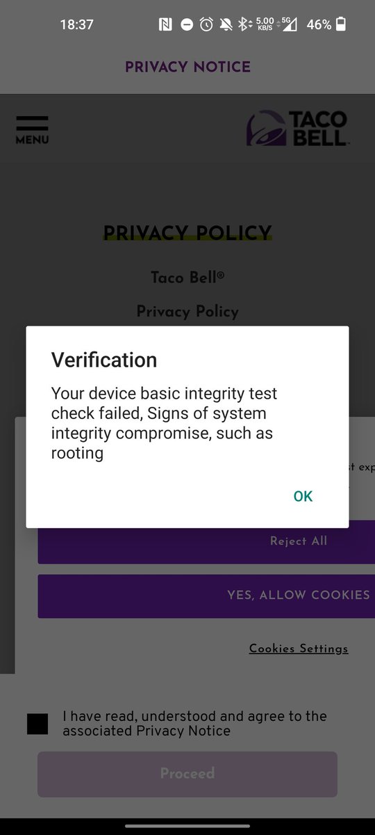 Krelsis's tweet photo. It's a feels bad man moment when you can't get into the taco bell app for a completely unknown reason.

I'm not even rooted, tried reinstalling the app after deleting app cache and data, updated OS and still no luck. 

Talk about getting hangry.

#hangry #tacobell @tacobelluk https://t.co/9QJDkx93pG