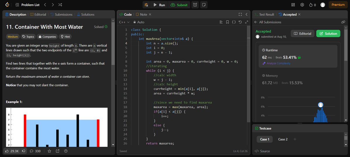 code_with_AB's tweet photo. Day 16
Solved question 11 (container with most water) and 16 (3 sum closest)

Day 17
Solved 2 codeforces (800 rating) problems and gave the div 1 &amp; 2 contest, ngl codeforces is challenging.

#leetcode #consistency https://t.co/KgffnqL8NO