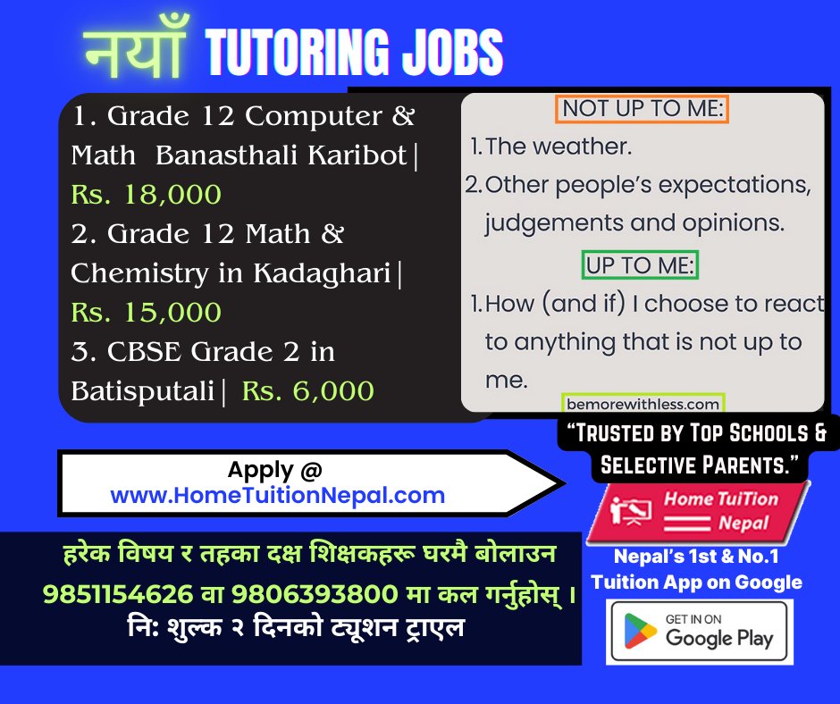 नयाँ ट्यूशन जबहरु Apply hometuitionnepal.com  
1. Grade 12 Computer and Math in Banasthali Karibot|
2. Grade 12 Math and Chemistry in Kadaghari
3. CBSE Grade 2 in Batisputali
✔️ Home Tuition Nepal at📱 9851154626
#SEETuition #MathTutor #kathmandutuition