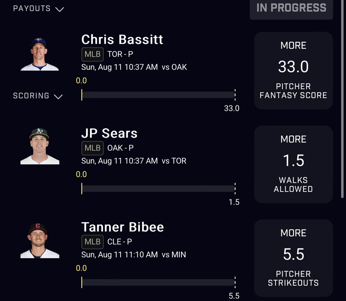 WeeniesPicks's tweet photo. MLB $20 PROTECTED 3 LEG :

Chris Bassit - Over 33 Fantasy
JP Spears - Over 1.5 Walks
Tanner Bibbe - Over 5.5 Strikeouts https://t.co/6iht6aksXL