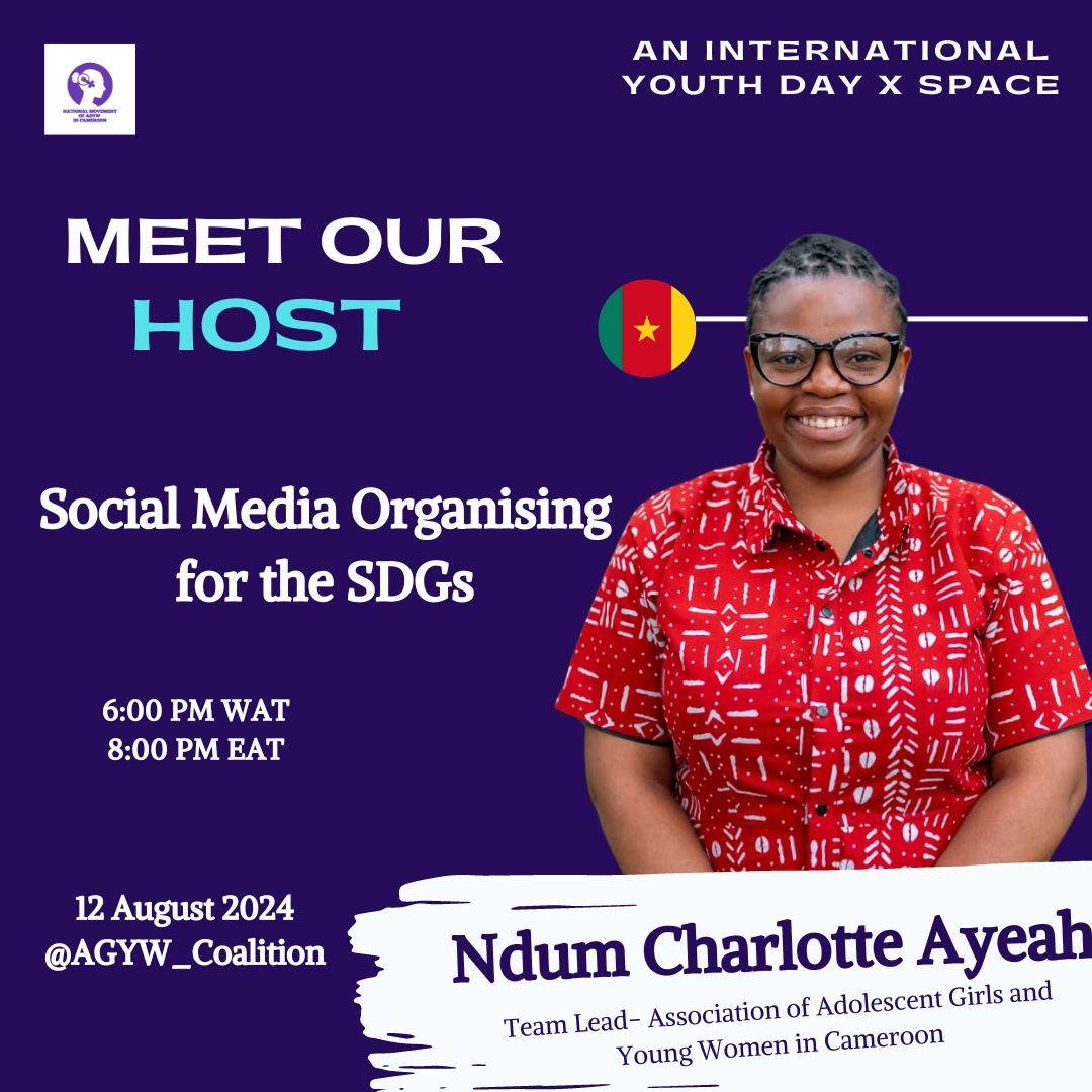 AGYW_Coalition's tweet photo. This International Youth Day,join us tomorrow at exactly 6:00pm WAT for a special X space with these Youth Trailblazers from across the African Continent🇨🇲🇳🇬🇰🇪🇬🇲 they will be sharx insights on the topic "Social Media Organising for the SDGs; Lessons from around the Continent." https://t.co/6kgToDpVtl