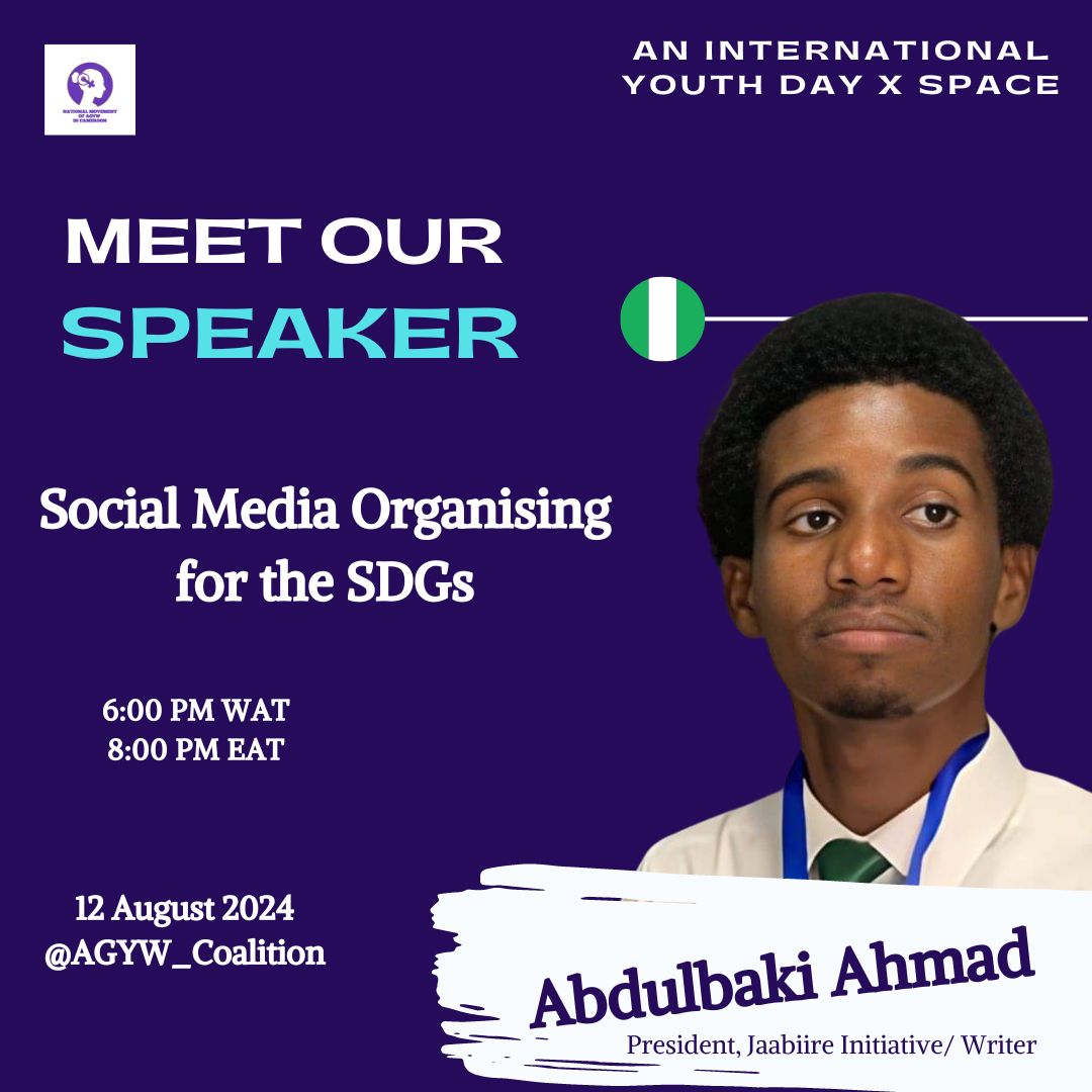 AGYW_Coalition's tweet photo. This International Youth Day,join us tomorrow at exactly 6:00pm WAT for a special X space with these Youth Trailblazers from across the African Continent🇨🇲🇳🇬🇰🇪🇬🇲 they will be sharx insights on the topic "Social Media Organising for the SDGs; Lessons from around the Continent." https://t.co/6kgToDpVtl