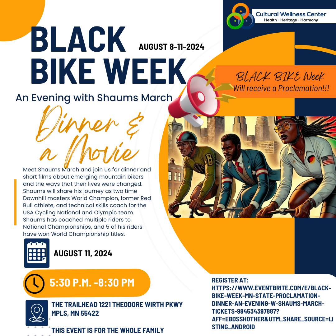 Come celebrate with us as Black Bike Week receives a Proclamation from the State of MN and the Cities of Minneapolis and Saint Paul. Meet our Honoree, Shaums March, and join us for dinner and short films about emerging mountain bikers.