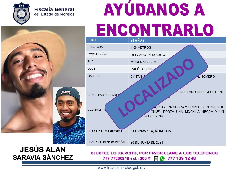 Fiscalia_Mor's tweet image. Gracias por su colaboración, informamos que JESÚS ALAN SARAVIA SÁNCHEZ ya se encuentra #Localizado  #Morelos