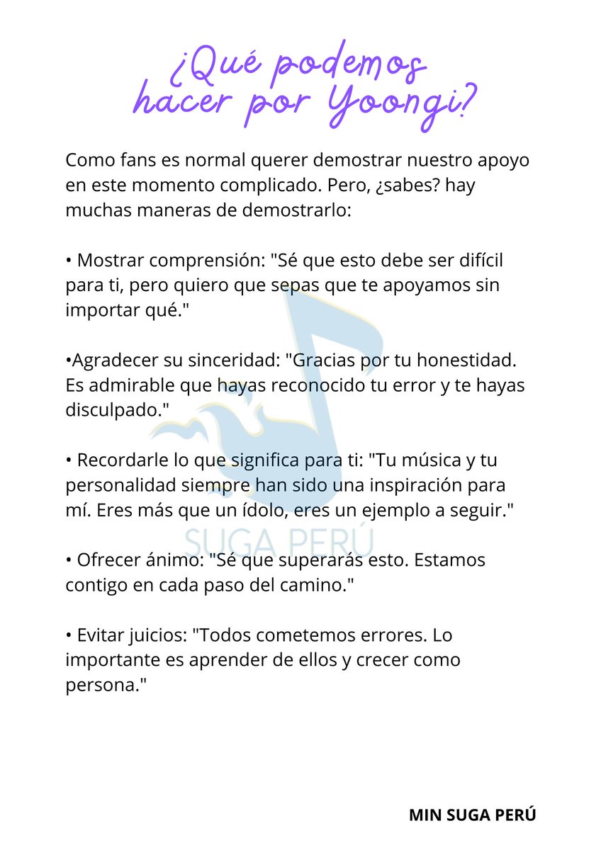 MinSugaPeru's tweet photo. ✨¿Qué podemos hacer por Yoongi?
(1/2) 

Como fans es normal querer demostrar nuestro apoyo en este momento complicado. Pero, ¿sabes? hay muchas maneras de manifestarlo. +

다 괜찮아질 거야
Everything will be okay
#SUGA #슈가 #BTSSUGA #AgustD https://t.co/8EB3mkHIob