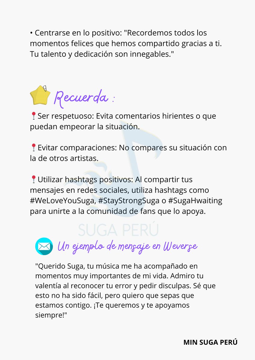 MinSugaPeru's tweet photo. ✨¿Qué podemos hacer por Yoongi?
(1/2) 

Como fans es normal querer demostrar nuestro apoyo en este momento complicado. Pero, ¿sabes? hay muchas maneras de manifestarlo. +

다 괜찮아질 거야
Everything will be okay
#SUGA #슈가 #BTSSUGA #AgustD https://t.co/8EB3mkHIob