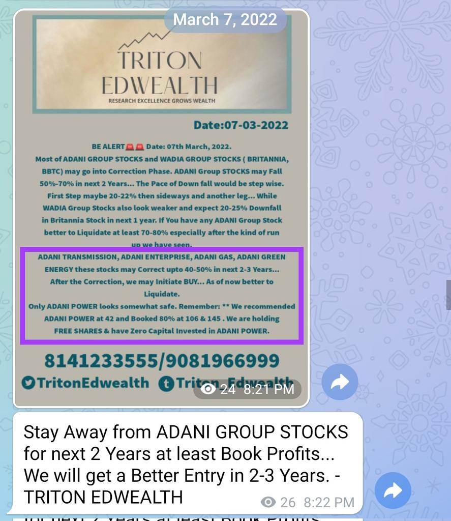 Vivanta108's tweet photo. Much before #hindenburg report , 
#vivanta (that time #tritonedwealth  said #time is bigger than anything &amp; Time was not good for #AdaniGroup #stocks  purely based on our research, #Adaniwilmar &amp; #adanienergy both made high in April 2022.6months before #Hindenburg #research https://t.co/kCHeBqTs5L