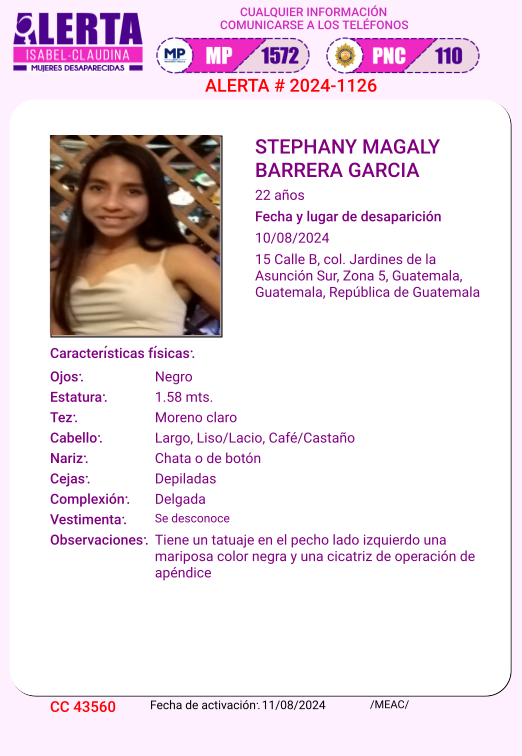isabel_claudina's tweet photo. #AlertaIsabelClaudina
🚨 Ayúdenos a encontrar
STEPHANY MAGALY BARRERA GARCIA
Desapareció el 10  de Agosto 2024
 Cualquier información comunicarse al teléfono 📞 1572
Gracias por difundir esta información❗ https://t.co/S42t8ff3wh